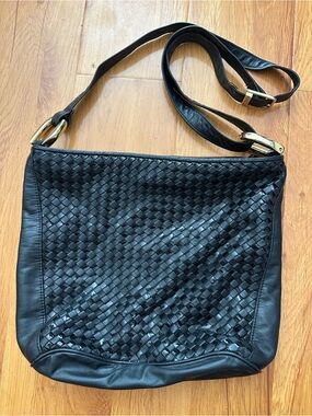 Ganson Vintage Black Leather Basket Weave Crossbody Bag